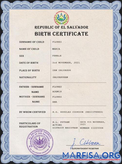 Blank El Salvador vital record birth certificate PSD template